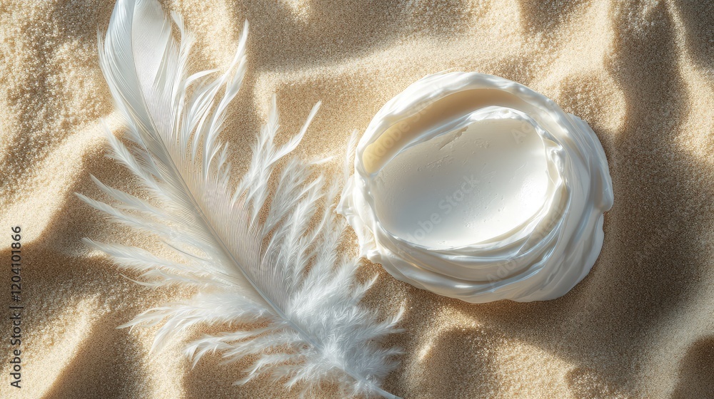 Aufkleber white feather and a round piece of cream on sandy background with copy space for text placement