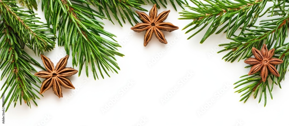 Poster pine branches and star anise spices on a white background with copy space for text or design element