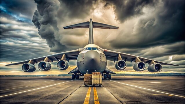 Vintage Military Transport Plane Cargo Loading Runway Grey White Livery