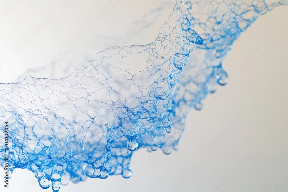Poster abstract blue liquid forming a delicate web-like structure with dripping droplets.