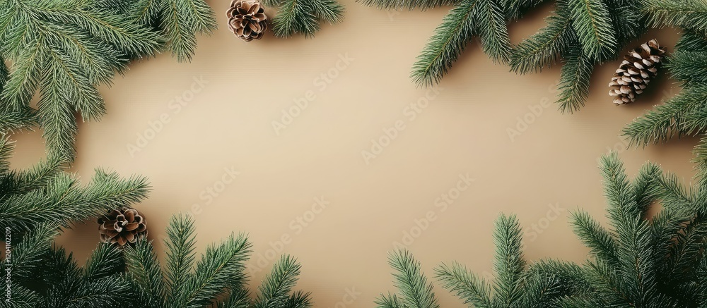 Poster christmas themed flat lay with pine branches and cones on a beige background with copy space for tex