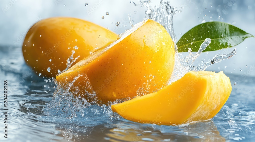 Poster fresh mango slices splashing in water with droplets and a green leaf on a reflective surface copy sp