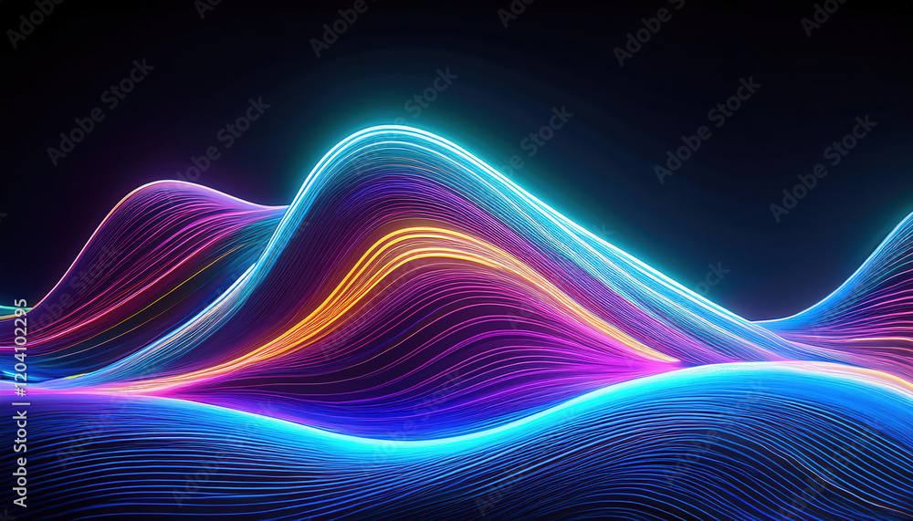 Poster dynamic glowing lines in vibrant neon colors create mesmerizing wave effect