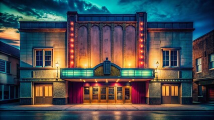 Vintage Movie Theater Night Exterior, Low Light, Atmospheric, Grungy, Old Building