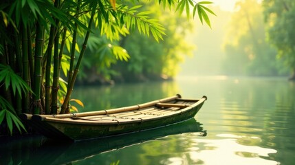 Serene Bamboo Grove and Tranquil River Scene Featuring a Simple Wooden Boat at Dawn