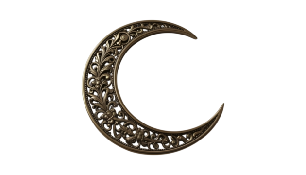 Ornate crescent moon design, metallic, dark background.