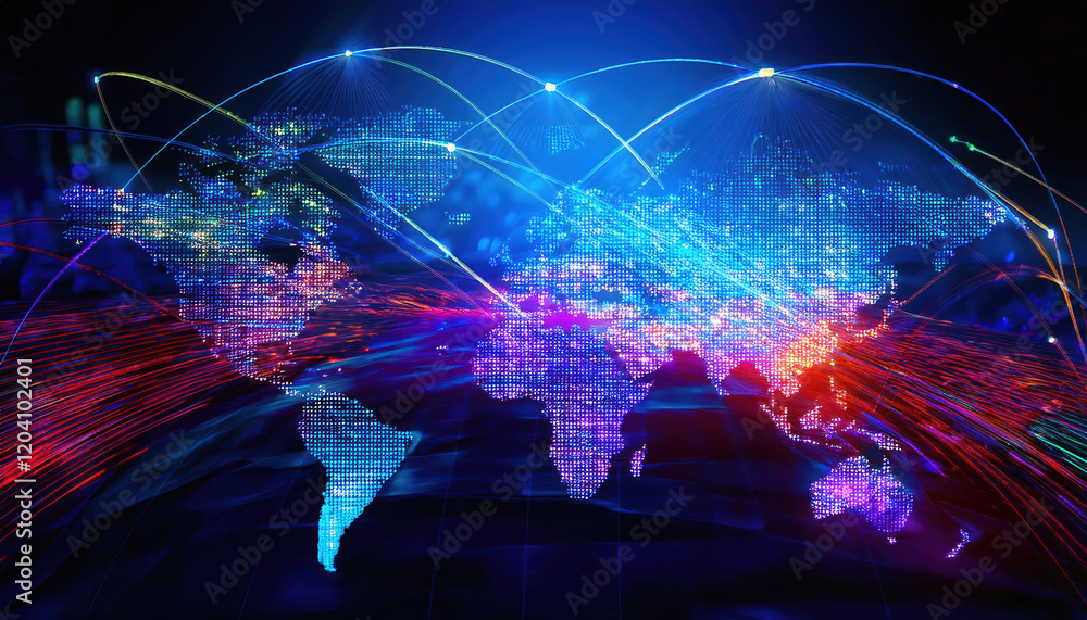 Poster vibrant digital world map with glowing connections and data flow