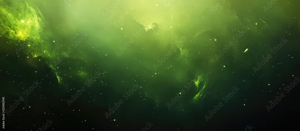 Poster green cosmic nebula with stars and gas clouds in space, abstract astronomical background with copy s