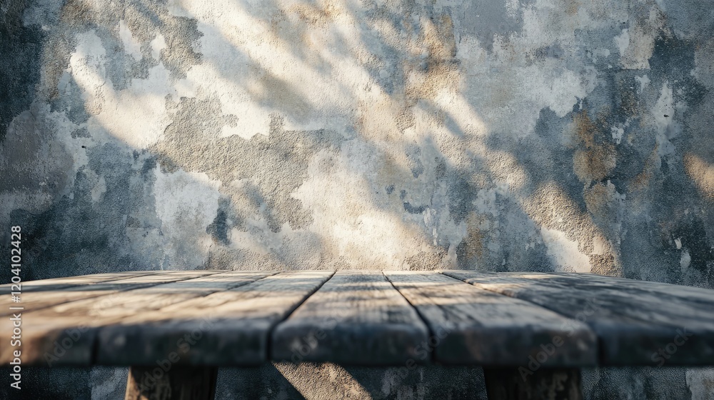 Poster wooden table with weathered surface in front of textured wall shadows copy space
