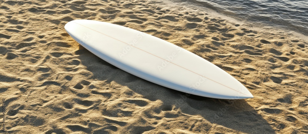 Poster surfboard on a sandy beach with ocean waves in the background featuring copy space for text placemen