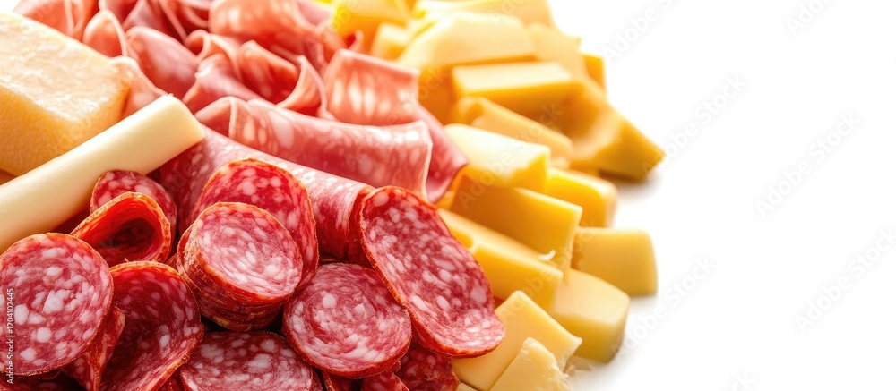 Poster assorted cured meats and cheeses on a white background with ample copy space for text placement