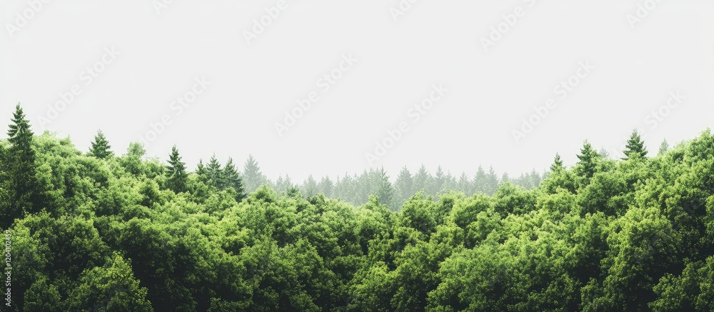 Poster lush green forest landscape with foggy background and ample copy space for text placement