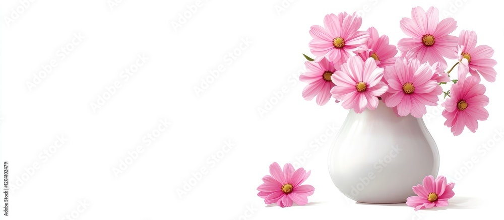 Poster pink daisies in white vase with copy space for text on the left side of the image