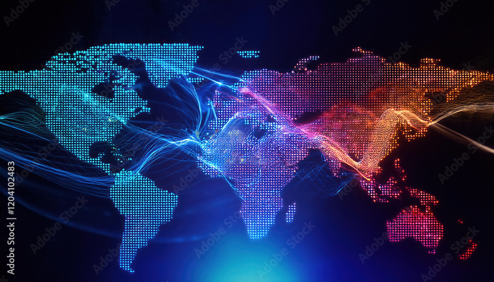 Poster vibrant world map with glowing data lines and predictive models