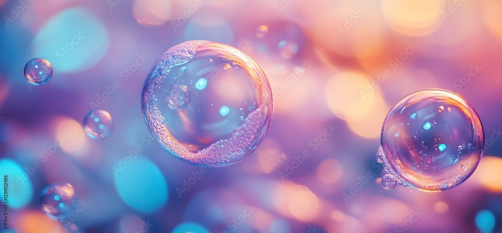 Poster colorful soap bubbles float, bokeh background. website design