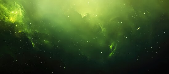 Green cosmic nebula with stars and gas clouds in space, abstract astronomical background with copy space for text.