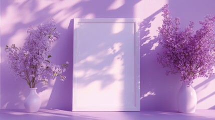 Purple floral arrangement with empty white frame on pastel background and shadows, Copy Space available