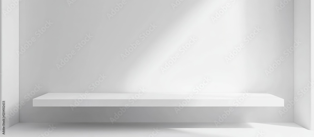 Poster empty white shelf in a minimalist interior with soft natural light and copy space for product presen
