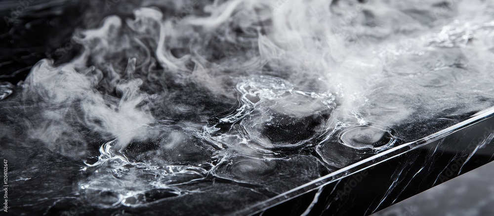 Poster water droplets on a dark marble surface with steam and vapor creating an atmospheric effect copy spa