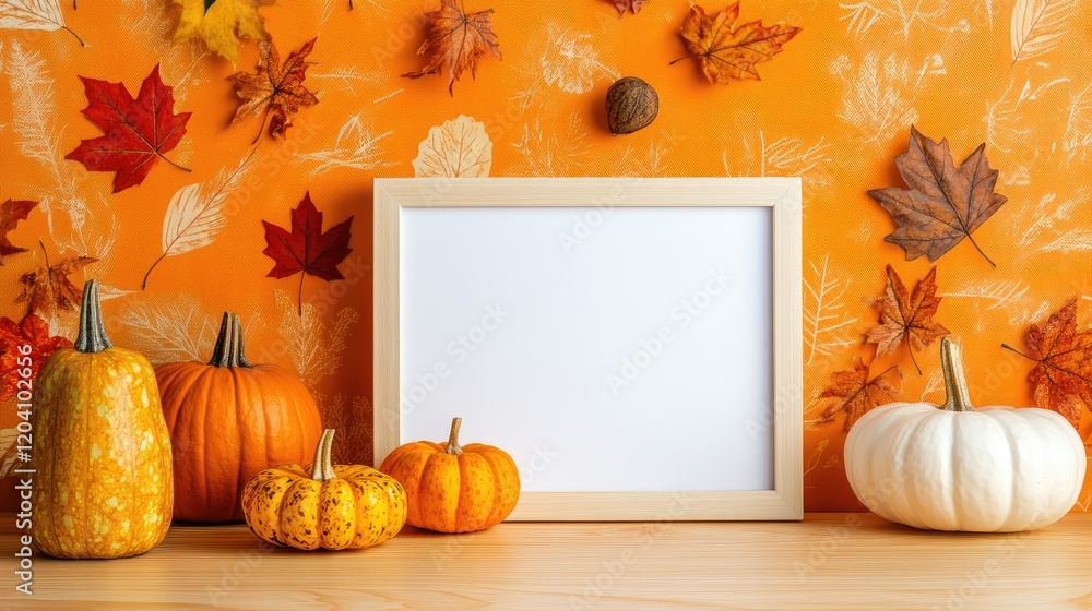 Poster autumn still life composition with pumpkins and fall leaves on orange background featuring empty fra