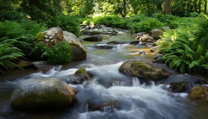 gently flowing stream surrounded by smooth stones and lush greenery, evoking calm and recovery