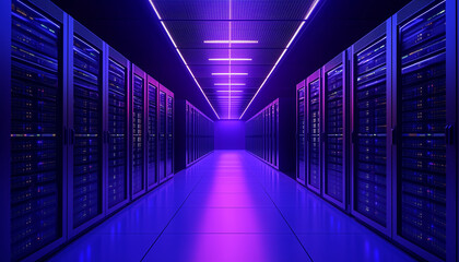 server room with working server racks - blue light