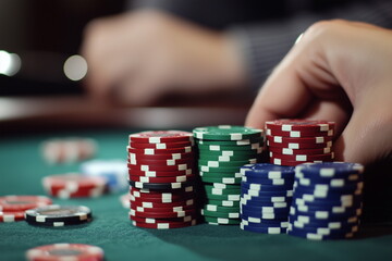 Naklejka premium Betting hand at poker table with multiple stacks of colored chips during an intense game