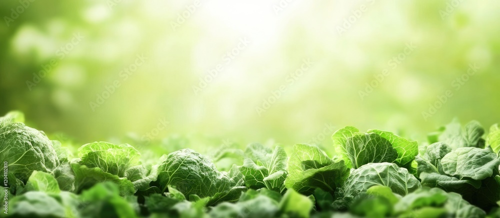 Poster fresh green cabbage leaves in a field with sunlight shining through creating a bright and vibrant at