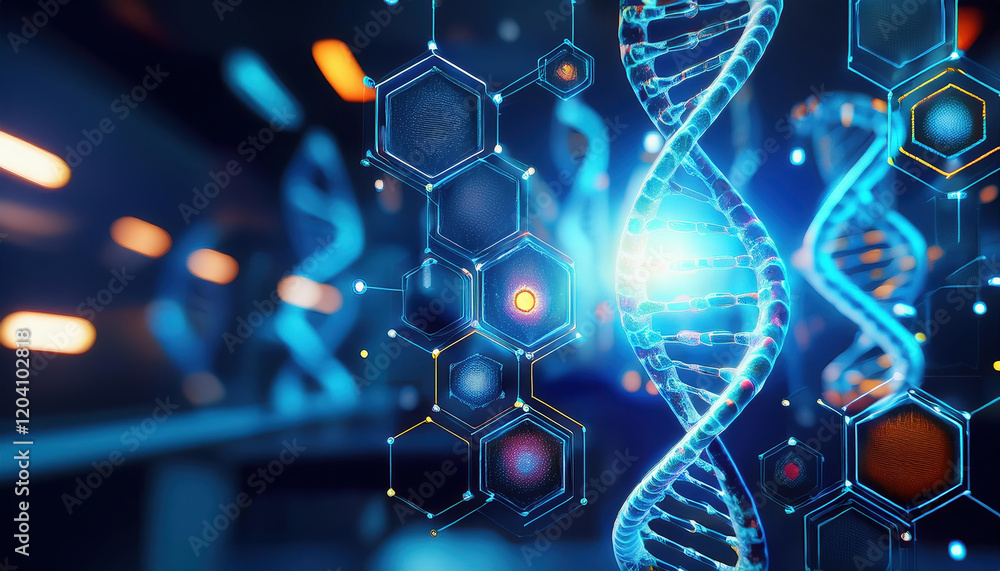 Poster glowing double helix dna strand with intricate details surrounded by abstract shapes creates captiva