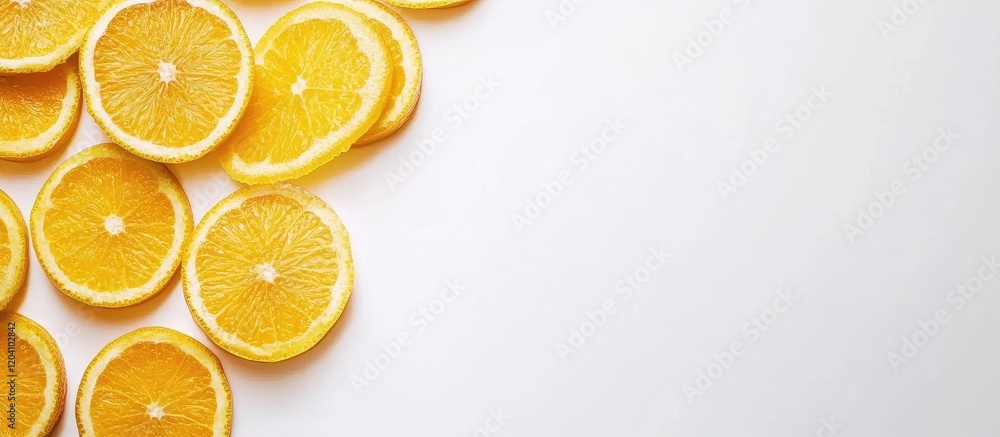 Poster slices of fresh yellow oranges arranged on a white background with copy space for text insertion