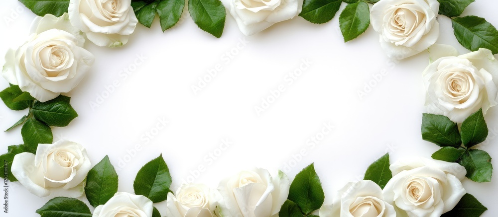 Poster white roses and green leaves arranged in an oval shape on a white background with ample copy space f