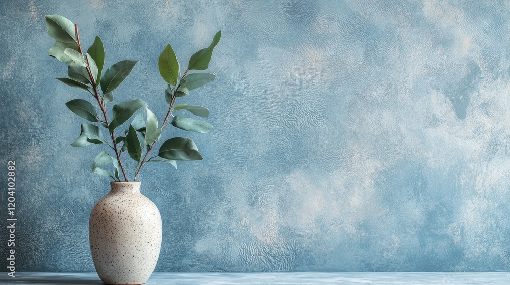 Aufkleber minimalistic vase with green leaves on a textured blue background with copy space for text placement