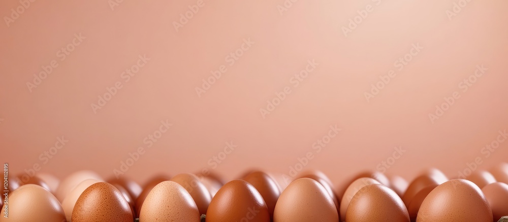 Poster brown chicken eggs arranged in a row on a soft pastel background with copy space for text placement