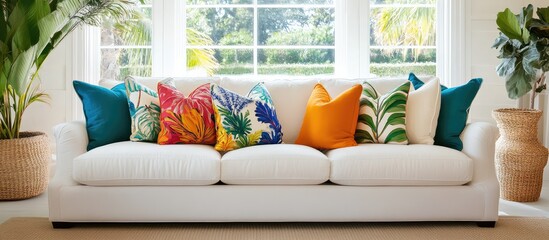 Modern white sofa with colorful decorative pillows in bright living room setting with large windows and plants Copy Space