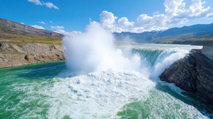 Powerful Water Flow Splashes into Dynamic Hydroelectric Dam Under Bright Blue Skies