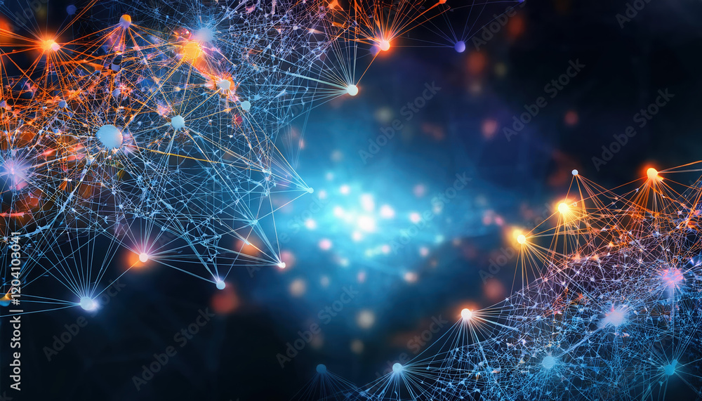 Poster glowing neural network with interconnected nodes in dark, high tech background creates mesmerizing v