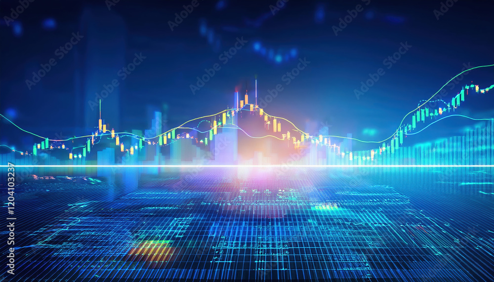 Poster vibrant gradient background showcasing glowing fluctuating transaction logs and data visualization