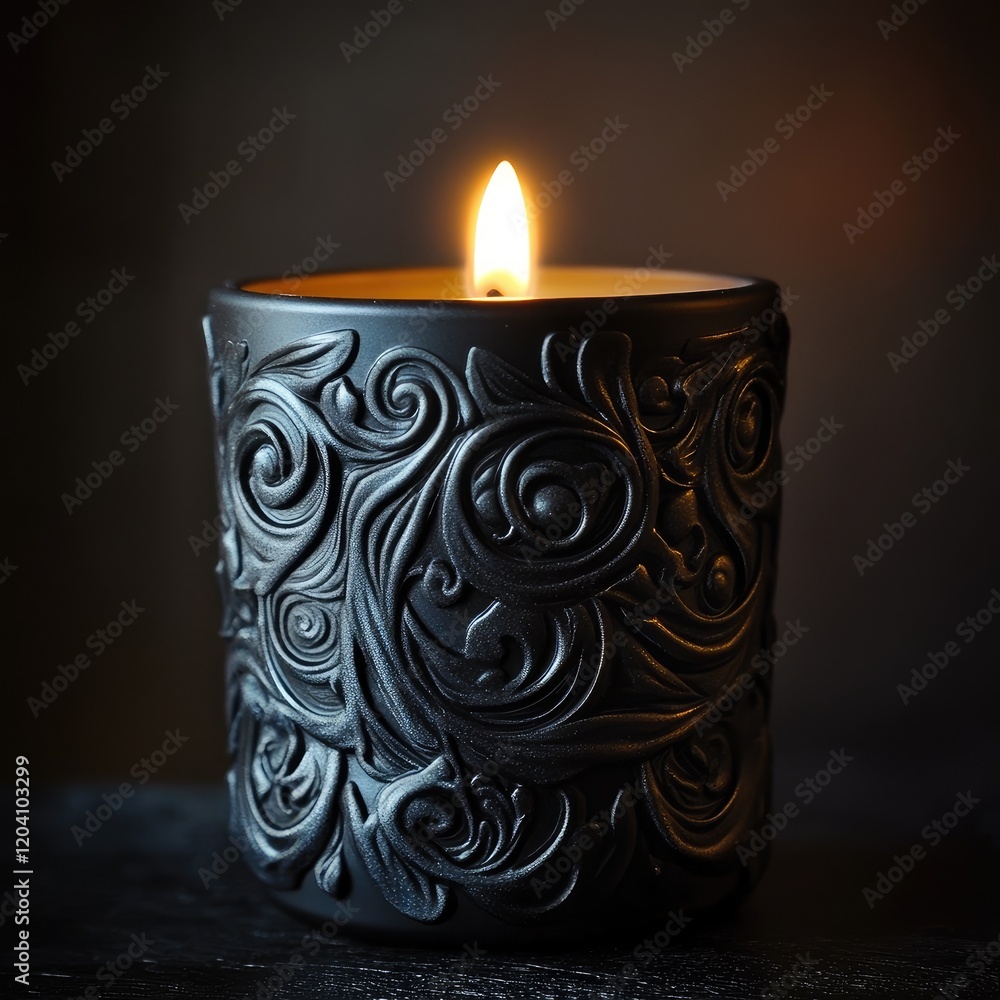 Aufkleber elegant decorative black candle with intricate swirl patterns illuminated by a soft flame against a 