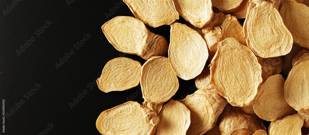 Poster close-up view of dried ginger slices on a dark background with copy space for text.