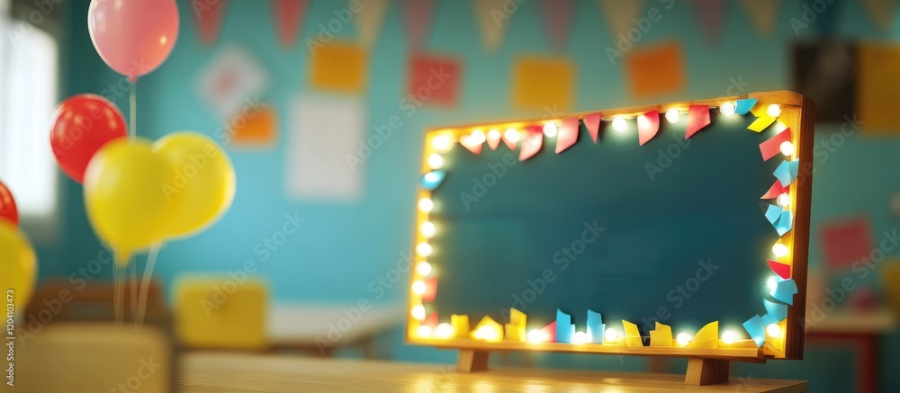 Poster colorful decorations in a classroom setting with balloons and a lit message board framed by lights a