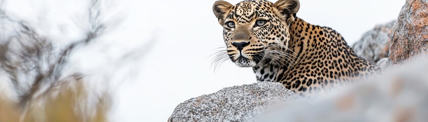 Fototapeta premium A leopard rests on a rock, showcasing its distinctive spotted coat and keen gaze, blending elegantly with its natural surroundings.