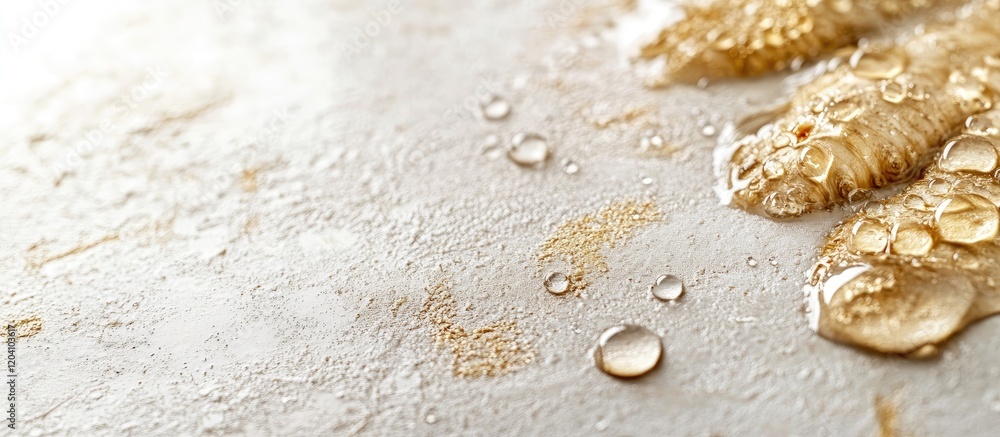 Poster gold liquid droplets on textured surface with soft focus background and copy space for design elemen