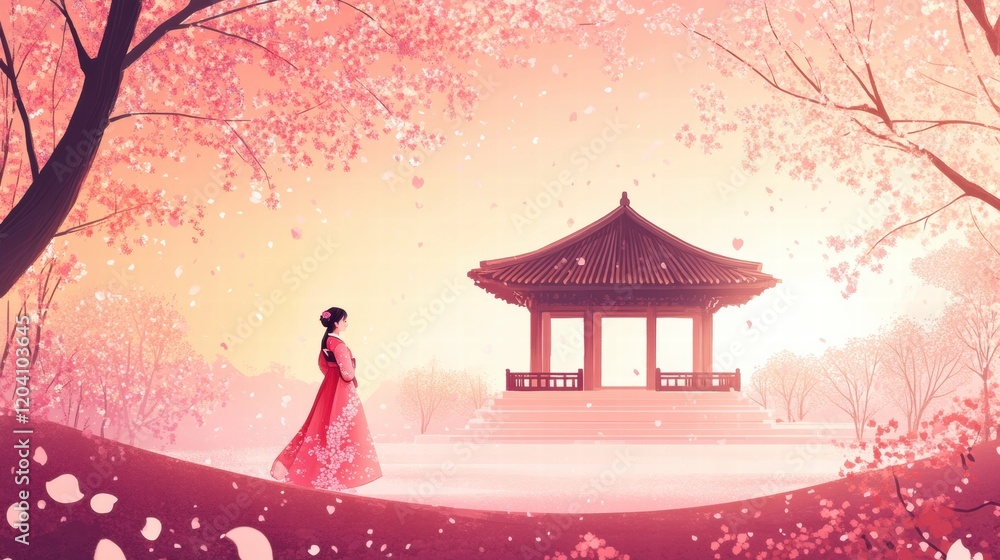 Poster beautiful spring day in a tranquil garden with cherry blossoms and an elegant pavilion in the backgr