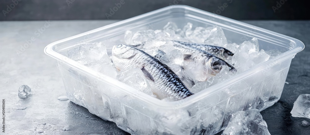 Poster fresh fish on ice in a transparent container with a gray background showcasing copy space for text p