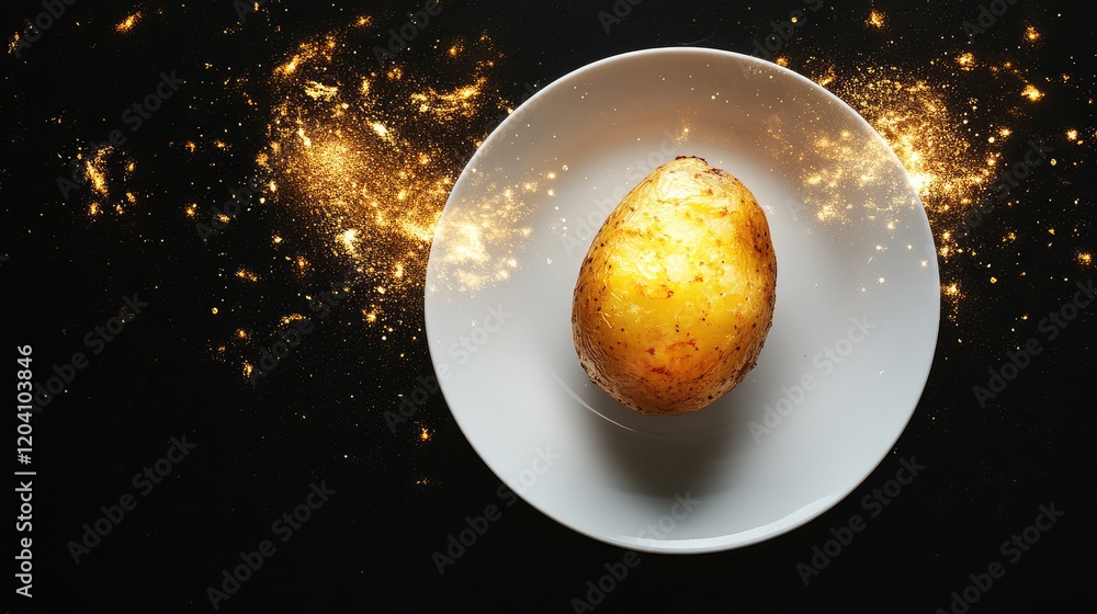 Poster baked potato on a white plate with golden sparkles and dark background with copy space for text inse