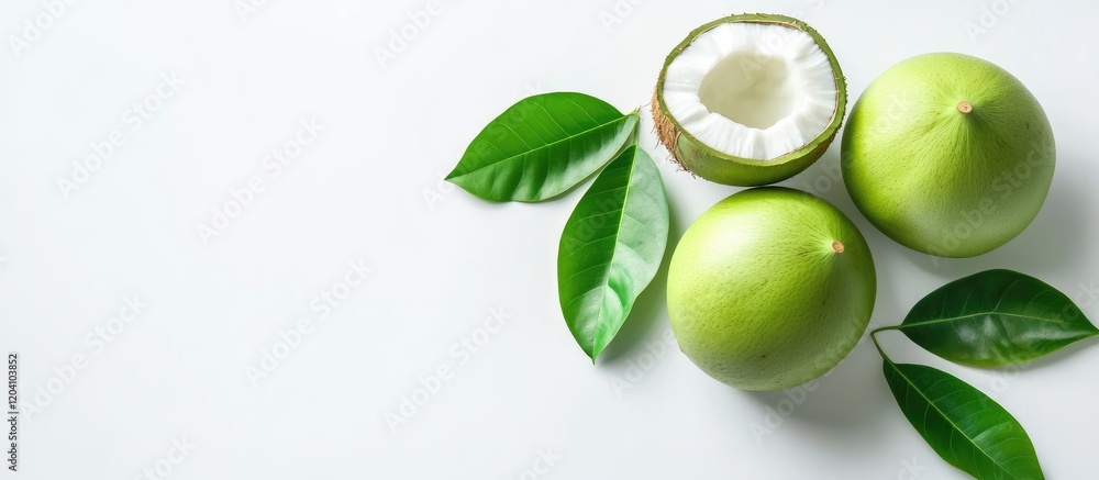 Poster fresh green coconuts with leaves arranged on a light background featuring copy space for text placem