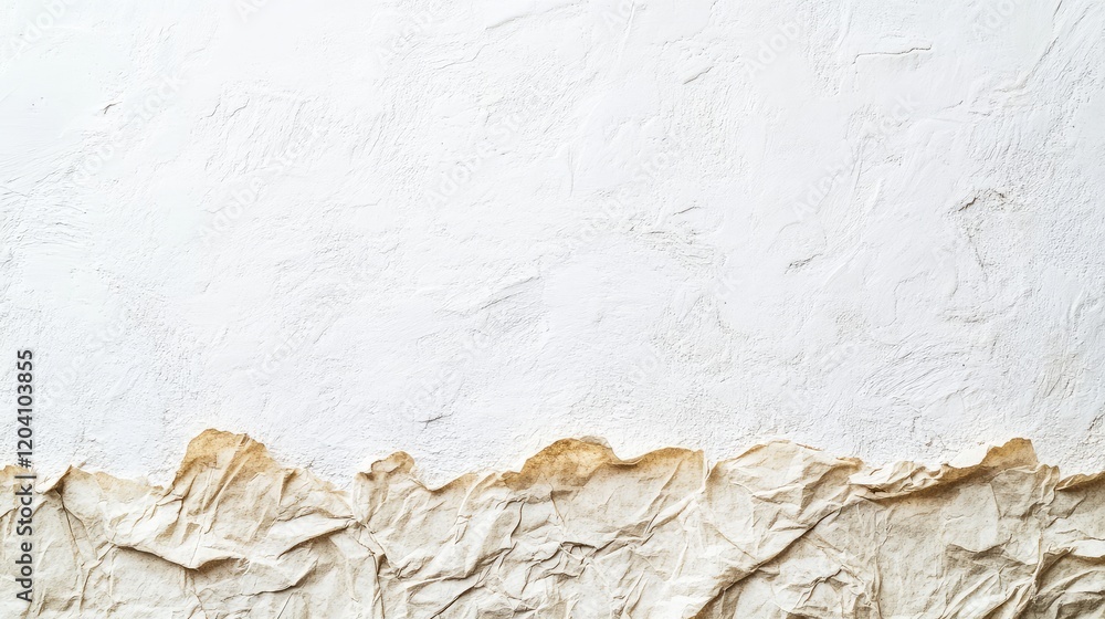 Poster textured white wall with crumpled beige paper at the bottom and ample copy space for text insertion