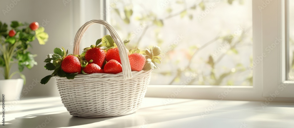 Poster fresh red strawberries in a white basket on a table near a bright window with copy space for text.