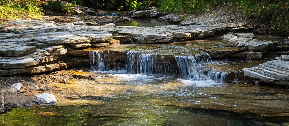 Poster tranquil stream flowing over rocky terrain with lush greenery and sunlight filtering through trees c