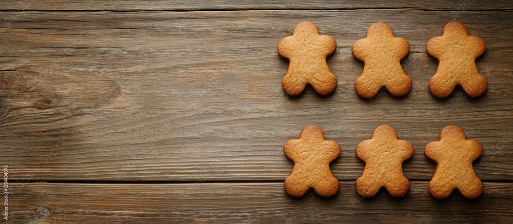 Poster gingerbread men cookies arranged in a row on a wooden surface with copy space for text placement
